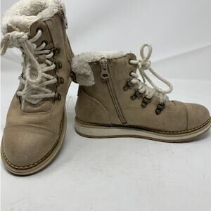 Cat & Jack Girls Booties Laceup Fleece Ankle Beige Side Zipper Rubber Sole Sz 3